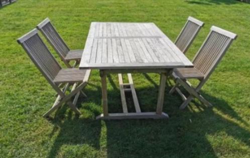 Teak tafel met 4 stoelen, Tuin en Terras, Tuinsets en Loungesets, Gebruikt, Teakhout, Ophalen