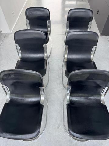 6 chaises vintage 1970 Willy Rizzo, Cidue, Vintage, Enlèvement, Cuir, Noir