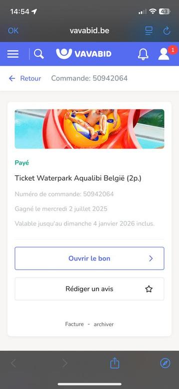 2 Tickets Aqualibi Belgique, Deux personnes, Ticket ou Carte d'accès