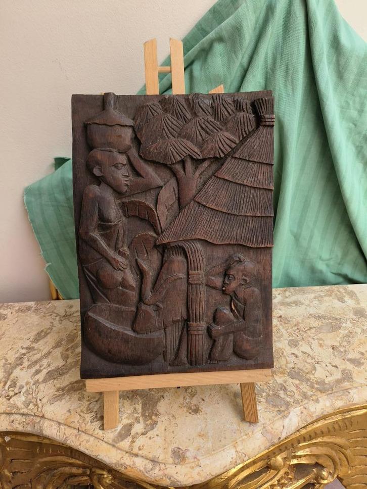 Houten paneel met "Afrikaans tafereel", Huis en Inrichting, Woonaccessoires | Wanddecoraties, Gebruikt, Ophalen