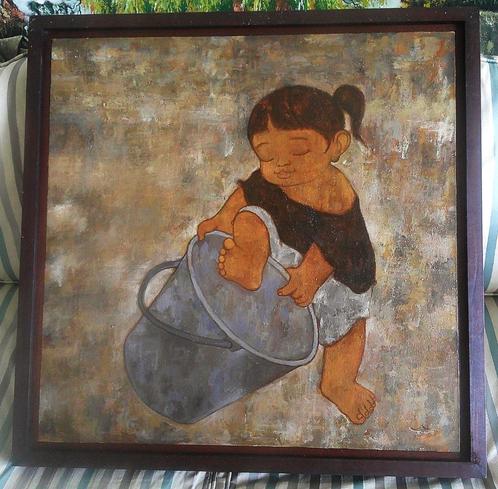 Klein meisje met/in emmer - (India), Antiek en Kunst, Kunst | Schilderijen | Klassiek, Ophalen of Verzenden
