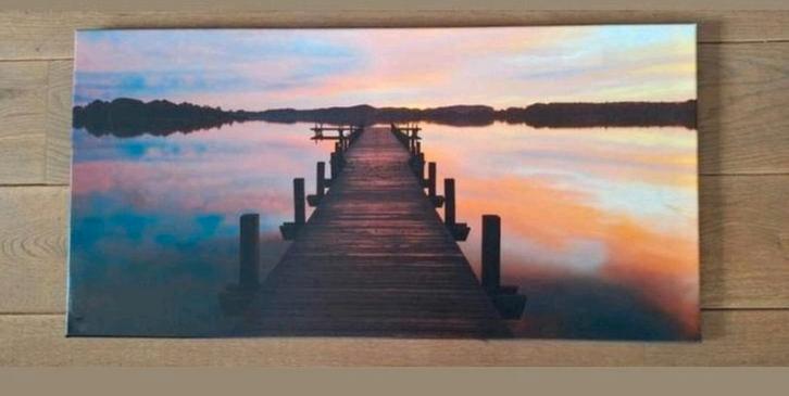 CANVAS zicht op meer bij zonsondergang 80 x 40 cm, Huis en Inrichting, Woonaccessoires | Schilderijen, Tekeningen en Foto's, Zo goed als nieuw
