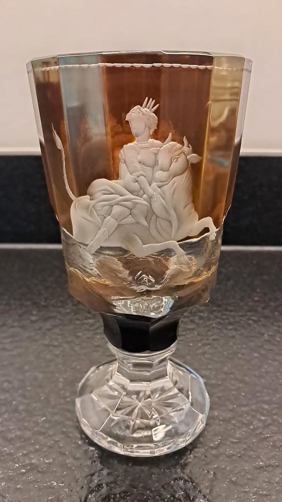 Antieke Boheemse Amber Kristallen Bokaal  / Periode ca 1870, Antiek en Kunst, Antiek | Glaswerk en Kristal, Ophalen of Verzenden