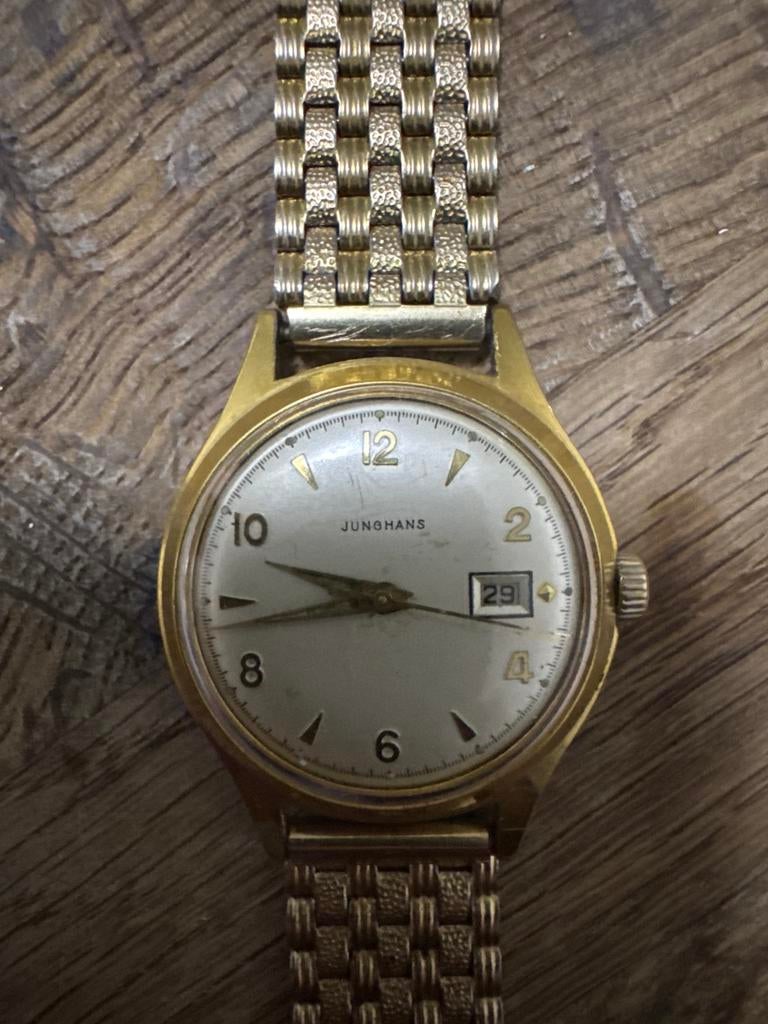 Vintage Junghans mechanisch horloge met datum – jaren 50/60, Handtassen en Accessoires, Horloges | Antiek, Verguld, Ophalen