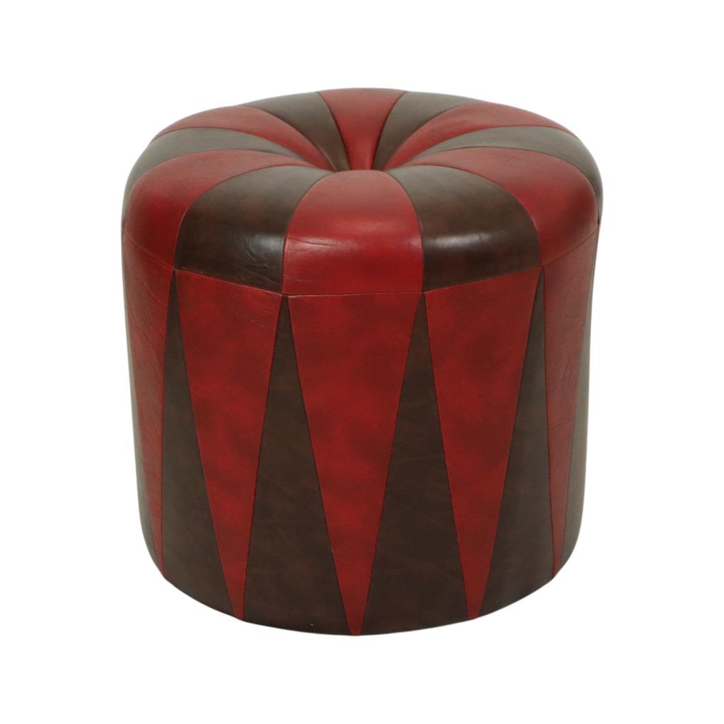 Ronde Vintage Poef Bruin Rood Tweekleurig Skai Sixties, Huis en Inrichting, Zetels | Voetbanken en poefs, Gebruikt, Minder dan 50 cm