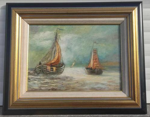 Huile sur panneau retour de pêche signe Paul boutry, Antiek en Kunst, Kunst | Schilderijen | Klassiek, Ophalen of Verzenden