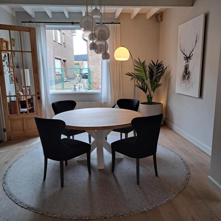 Eettafel stoelen  6 stuks design Marie's Corner, Huis en Inrichting, Stoelen, Gebruikt, Vijf, Zes of meer stoelen, Hout, Stof