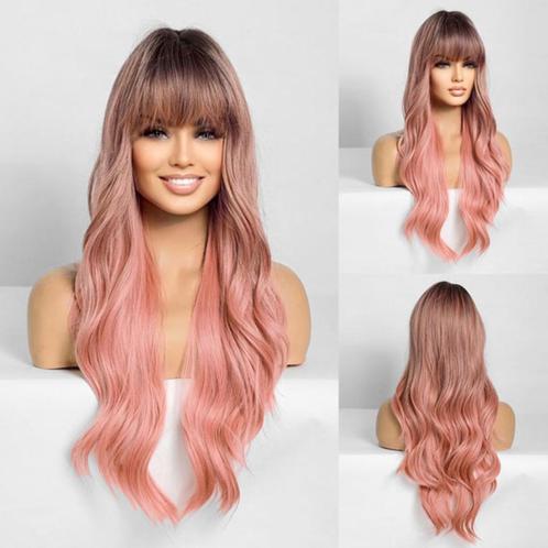 Pruik lang haar in zachtroze kleur met grove slagen, Handtassen en Accessoires, Uiterlijk | Haarverzorging, Nieuw, Pruik of Haarverlenging