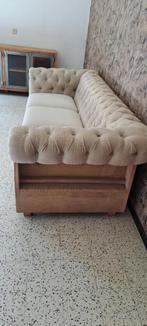 Divan Chesterfield beige 3 places, Ophalen, Hout, 100 tot 125 cm, Vintage