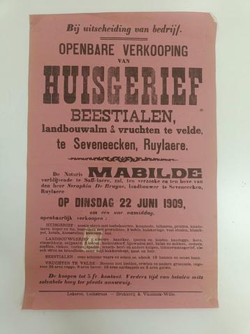 Affiche van Openbare Verkoop van Huismeubelen uit 1909