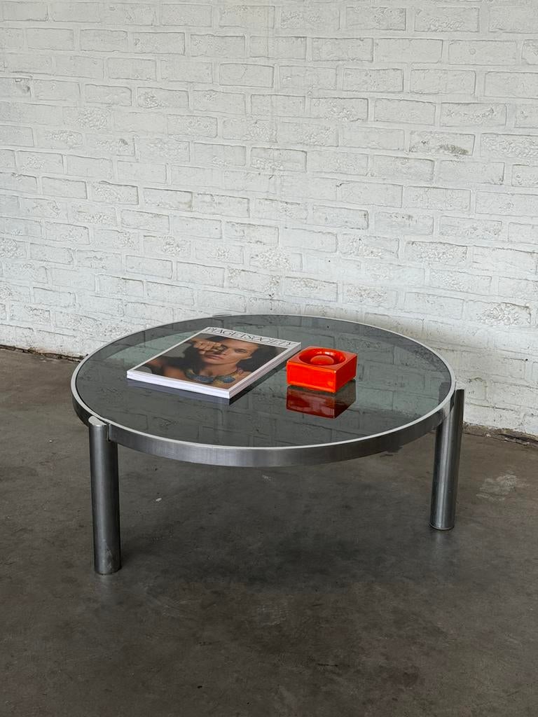 Table basse vintage chrome et verre fumé – années 70, Enlèvement