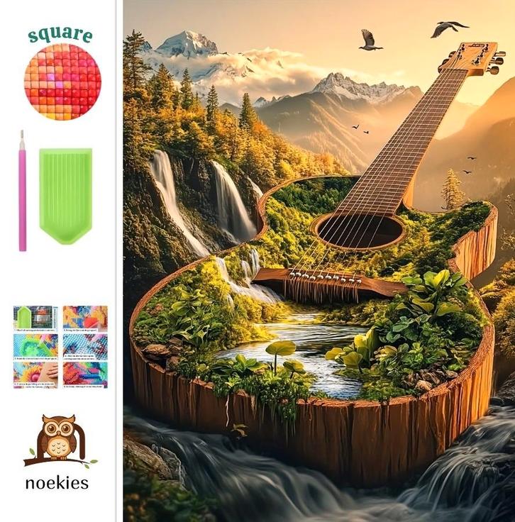 nr 2 Diamond Painting gitaar boslandschap 50x40cm (vierkant), Hobby en Vrije tijd, Knutselen, Nieuw, Overige typen, Ophalen of Verzenden