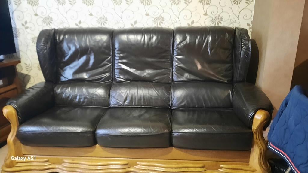 Salon en cuir véritable et structure en chêne massif 3+1+1, Enlèvement ou Envoi, Bois