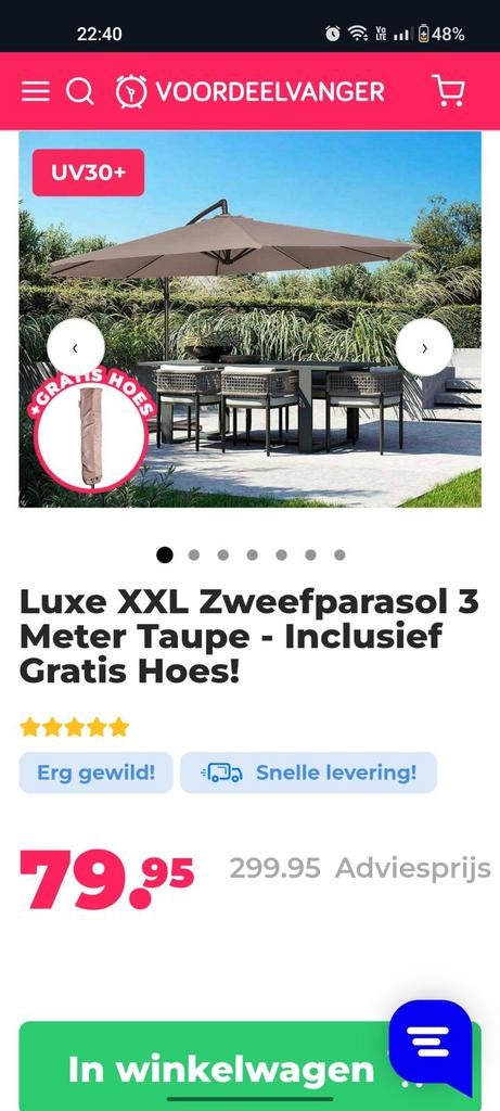 Luxe XxL Zweefparasol 3 meter Taupe met beschermhoes, Tuin en Terras, Parasols, Ophalen, Zweefparasol