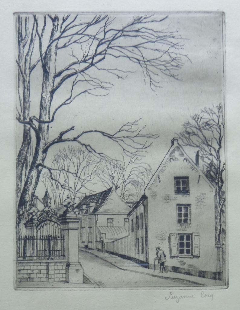 SUZANNE COCQ / DORPSZICHT / ZW-W ETS / 32x26cm / KADER / SIG, Antiquités & Art, Art | Eaux-fortes & Gravures, Eau-forte, Signé