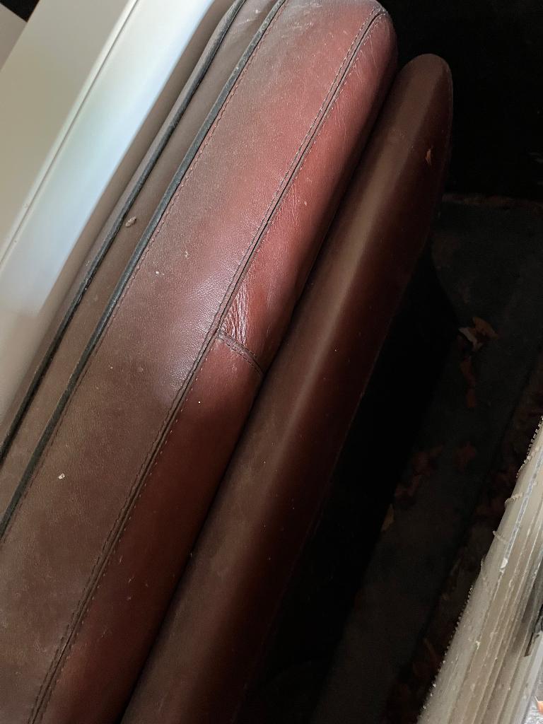 Bruine leren bank, Ophalen, 150 tot 200 cm, Driepersoons, Zo goed als nieuw