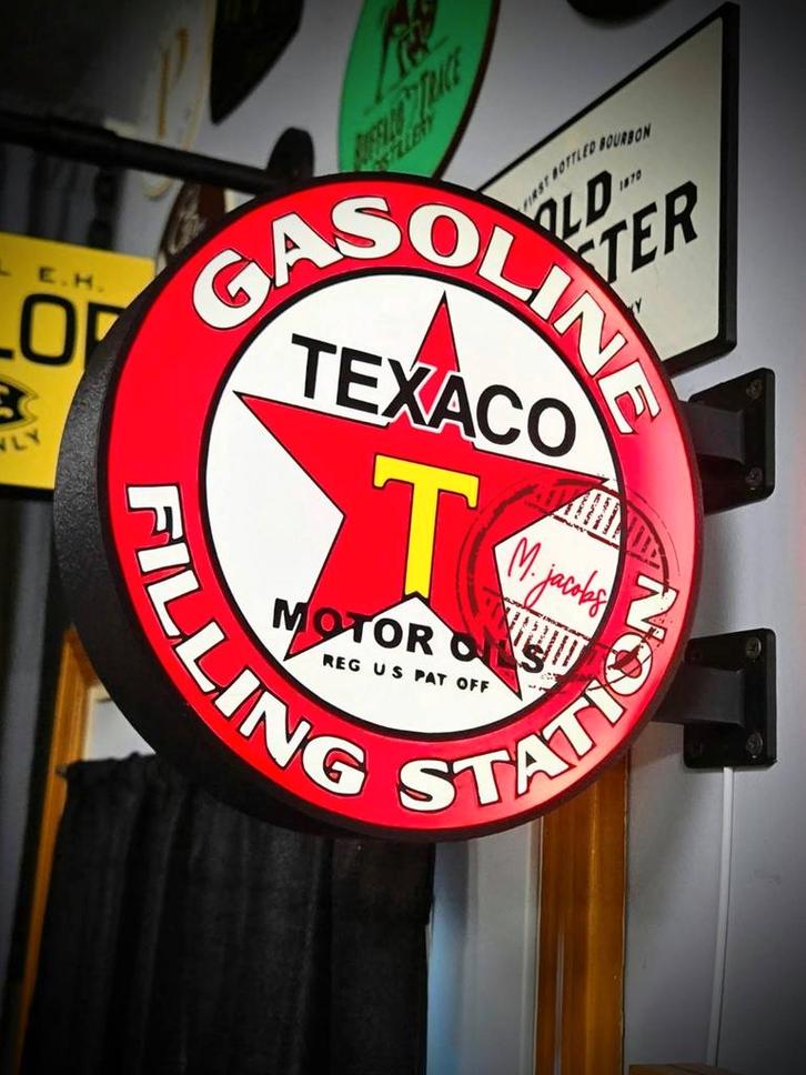 Deze Texaco dubbele reclamebak is een lichtbak met het logo, Verzamelen, Merken en Reclamevoorwerpen, Ophalen of Verzenden