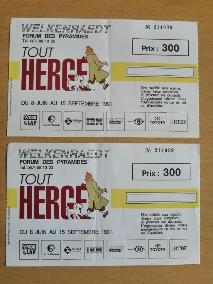 2 Tickets d'entrée de l'exposition "Tout Hergé" de 1991, Verzamelen, Stripfiguren, Kuifje, Ophalen of Verzenden