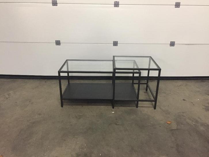 (9) Set salontafels zwart metaal met glas., Huis en Inrichting, Tafelonderdelen, Zo goed als nieuw, Glas, Ophalen