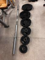 155kg Olympische Gewichten + Olympische Barbell 220cm, Halterschijven, Gebruikt, Ophalen