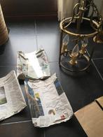 Geel koper luchter 3 lampen + ruitjes glas , modern / klassi, Ophalen of Verzenden, Zo goed als nieuw, Glas
