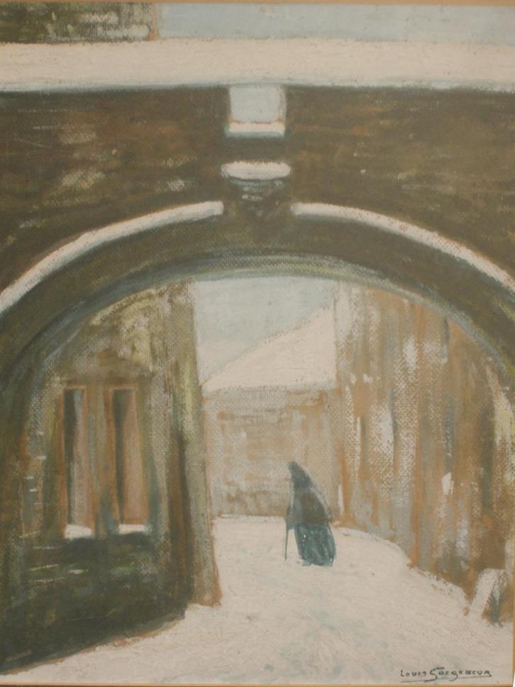 Louis Goegebeur (1898-1979): Stadszicht in sneeuw (39x49cm), Antiek en Kunst, Kunst | Schilderijen | Klassiek, Ophalen of Verzenden
