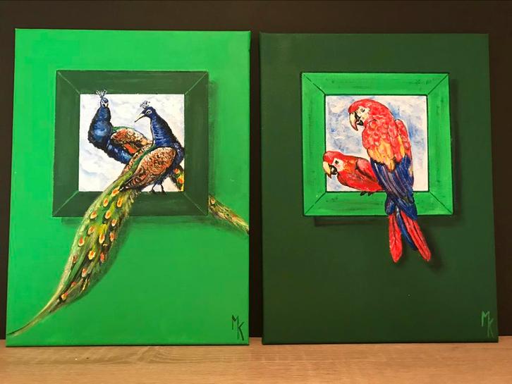 Schilderijen pauwen en papegaaien Mk Art, Antiek en Kunst, Kunst | Schilderijen | Modern, Ophalen of Verzenden