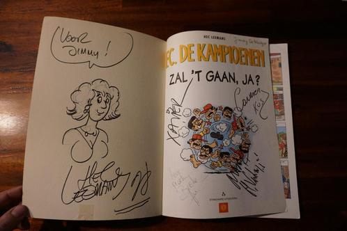 gesigneerde eerste druk strip fc de kampioenen + tekening, Verzamelen, Film en Tv, Ophalen of Verzenden
