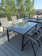 table en verre + 4 sièges avec accoudoirs réglables, Ophalen, 4 zitplaatsen, Gebruikt, Aluminium