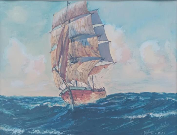 Theo Blondeel: Driemaster 1953 (57 x 47 cm), Antiek en Kunst, Kunst | Schilderijen | Klassiek, Ophalen of Verzenden