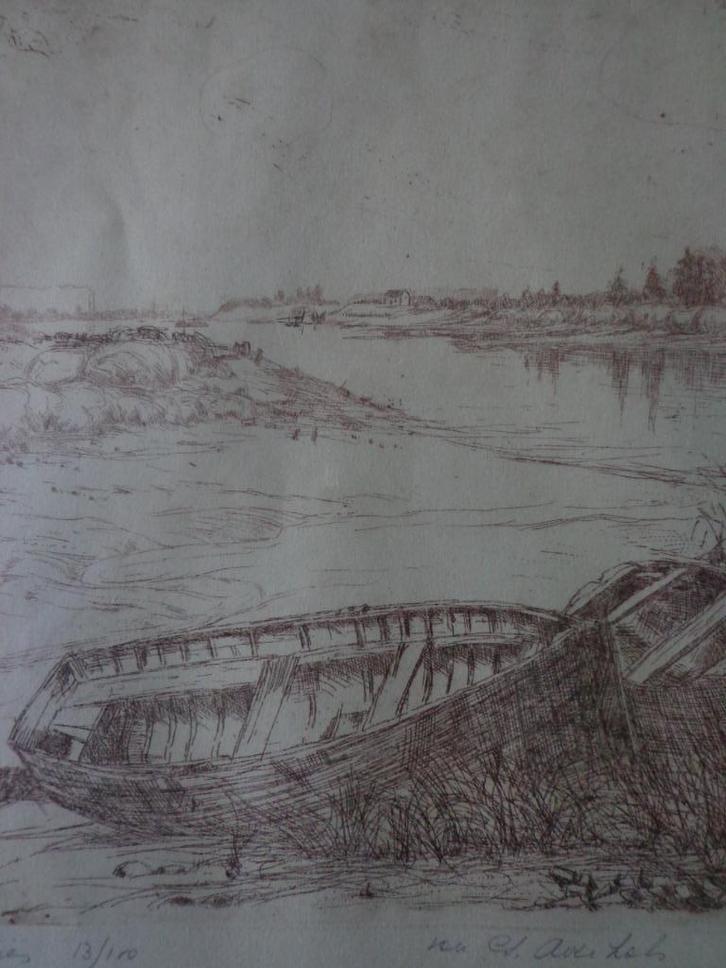 fraaie ets in bister Georges Averhals Bootjes, Antiek en Kunst, Kunst | Etsen en Gravures, Ophalen of Verzenden