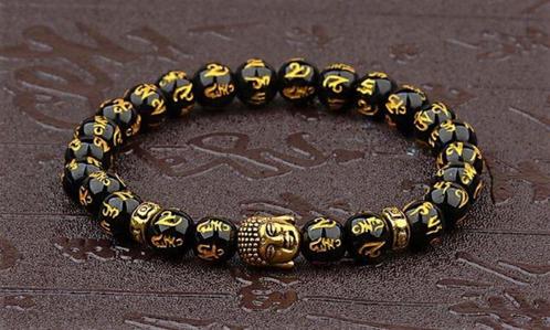 Mantra-kralen armband met goudkleurige Boeddha-kraal, Handtassen en Accessoires, Armbanden, Nieuw, Elastiek, Goud, Ophalen of Verzenden