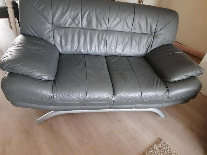 grijze lederen zetel (s), Huis en Inrichting, Zetels | Zetels, Gebruikt, Rechte bank, Leer, Metaal, Ophalen