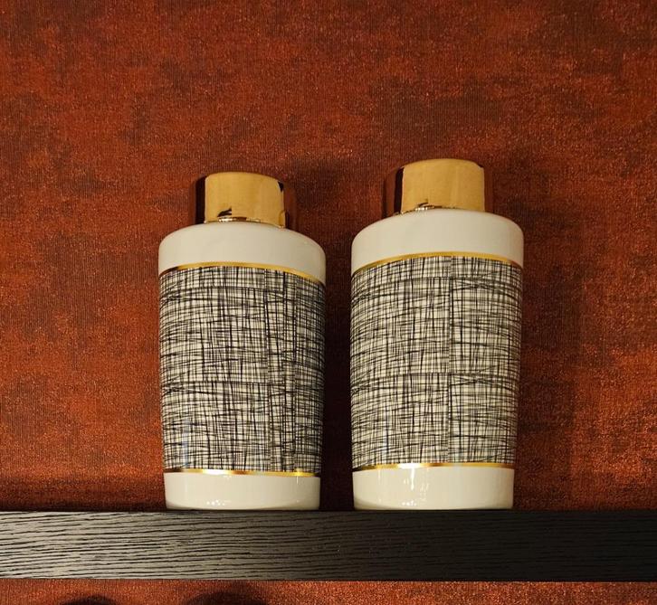 2 identieke decoratieve potten, Huis en Inrichting, Woonaccessoires | Vazen, Zo goed als nieuw, Wit, Minder dan 50 cm, Aardewerk of Porselein