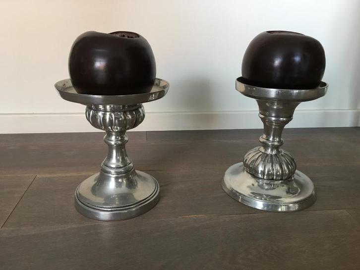 2 prachtige antieke kandelaars (tin), Maison & Meubles, Accessoires pour la Maison | Bougeoirs & Bougies, Utilisé, Chandelier