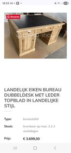 Dubbelzijdig eiken bureau met leder blad, Huis en Inrichting, Ophalen, Met wielen, Zo goed als nieuw, Bureau