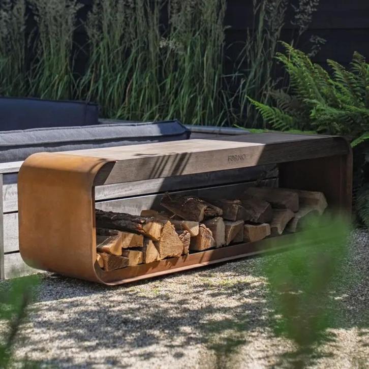zitbank SERRA in cortenstaal met houtopslag, Tuin en Terras, Tuinbanken, Nieuw, Metaal, Verzenden