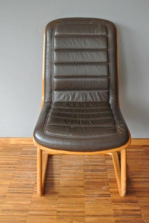Vintage Giroflex design slede stoel, Maison & Meubles, Chaises, Utilisé, Une, Bois, Cuir, Brun, Enlèvement ou Envoi