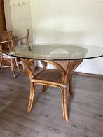 Rotan Bambo - ronde tafel glas + stoelen, Ophalen, Gebruikt, 100 tot 150 cm, Glas