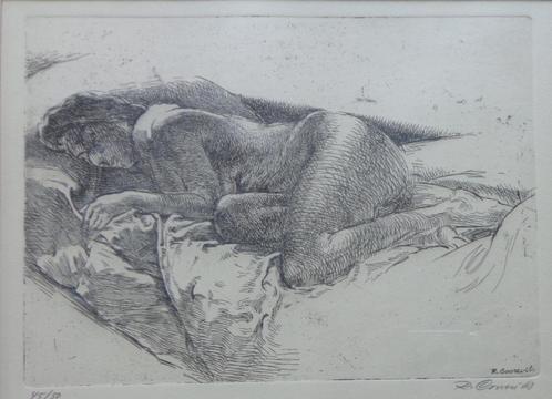RAF COOREVITS / LIGGEND NAAKT / ZW-W ETS / 42x42cm / KADER, Antiek en Kunst, Kunst | Litho's en Zeefdrukken, Ophalen of Verzenden