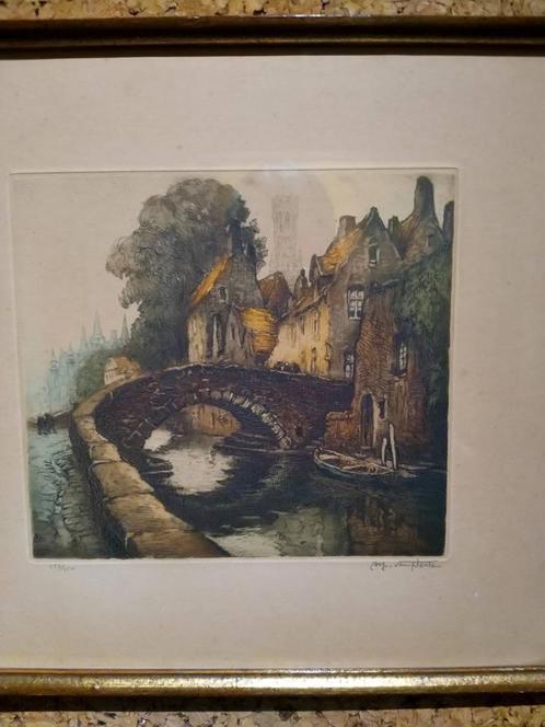 Van Neste Alfred Brugge 29x27.5 cm 18x16 cm ets, Antiek en Kunst, Kunst | Etsen en Gravures, Ophalen of Verzenden