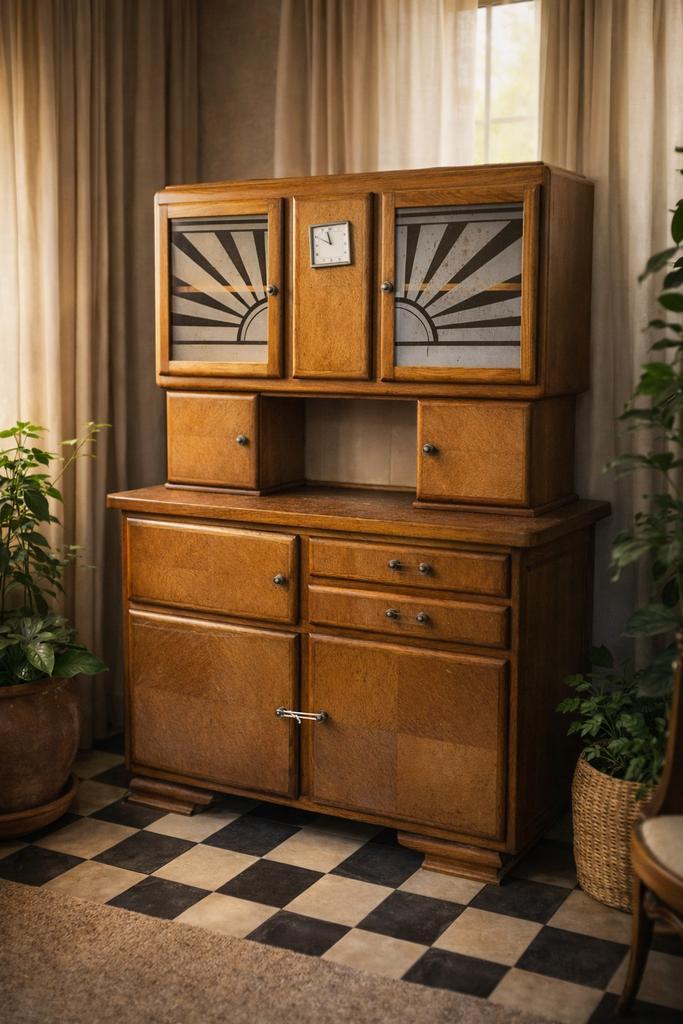 Authentieke vintage buffetkast met art-deco glas, Maison & Meubles, Armoires | Buffets, Comme neuf, Verre, Enlèvement