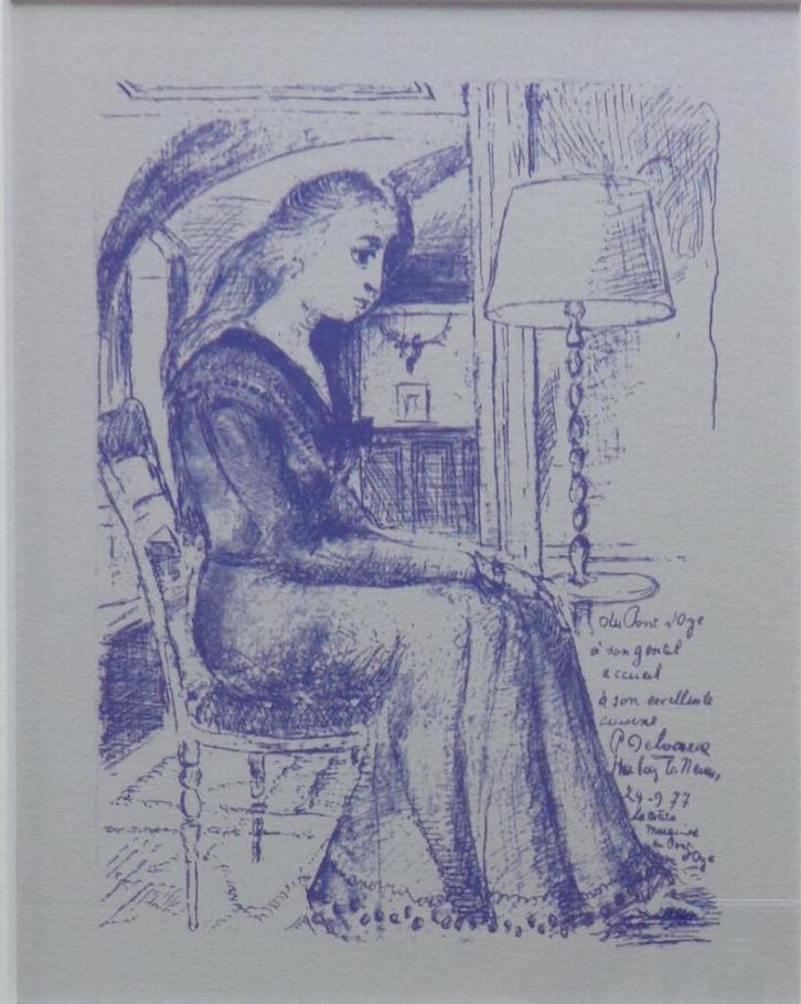 PAUL DELVAUX / ZITTENDE VROUW / KLEUROFFSET / 35x31cm KADER, Antiek en Kunst, Kunst | Litho's en Zeefdrukken, Ophalen of Verzenden