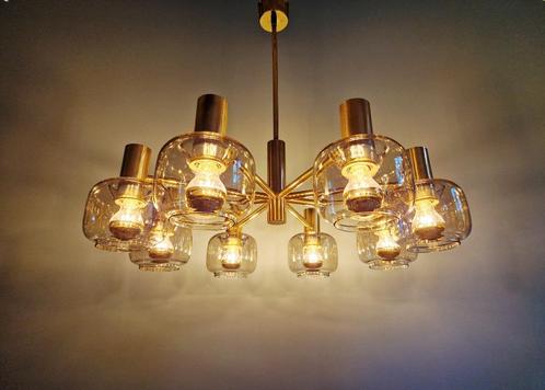 Grote koperen kroonluchter en rookglazen bollen, jaren 70, Antiek en Kunst, Antiek | Verlichting, Ophalen