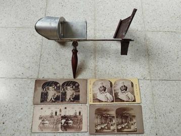Metalen stereoscoop Perfecscope 1895 + 4 stereo's