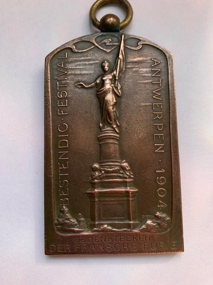 Mooie bronzen medaille stad Antwerpen 1904 - Franse furie, Antiek en Kunst, Curiosa en Brocante, Ophalen of Verzenden