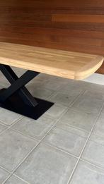 Gerenoveerde eiken tafel met stalen centerpoot, Huis en Inrichting, Ophalen, 100 tot 150 cm, Vierkant, Vijf personen of meer