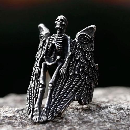 Skull ring Angel of Death - RVS Edelstaal, Bijoux, Sacs & Beauté, Bagues, Neuf, Femme ou Homme, Argent, Fer ou Acier, Envoi