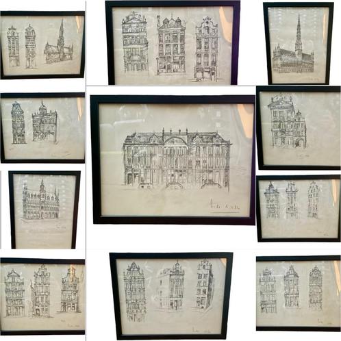 Lot de 11 dessins de la Grand-Place de Bruxelles sous cadre, Antiquités & Art, Art | Dessins & Photographie, Enlèvement ou Envoi