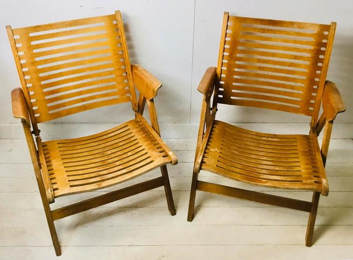 Paar REX houten plywood stoelen Design Niko Kralj 60’s, Huis en Inrichting, Stoelen, Gebruikt, Twee, Hout, Bruin, Ophalen